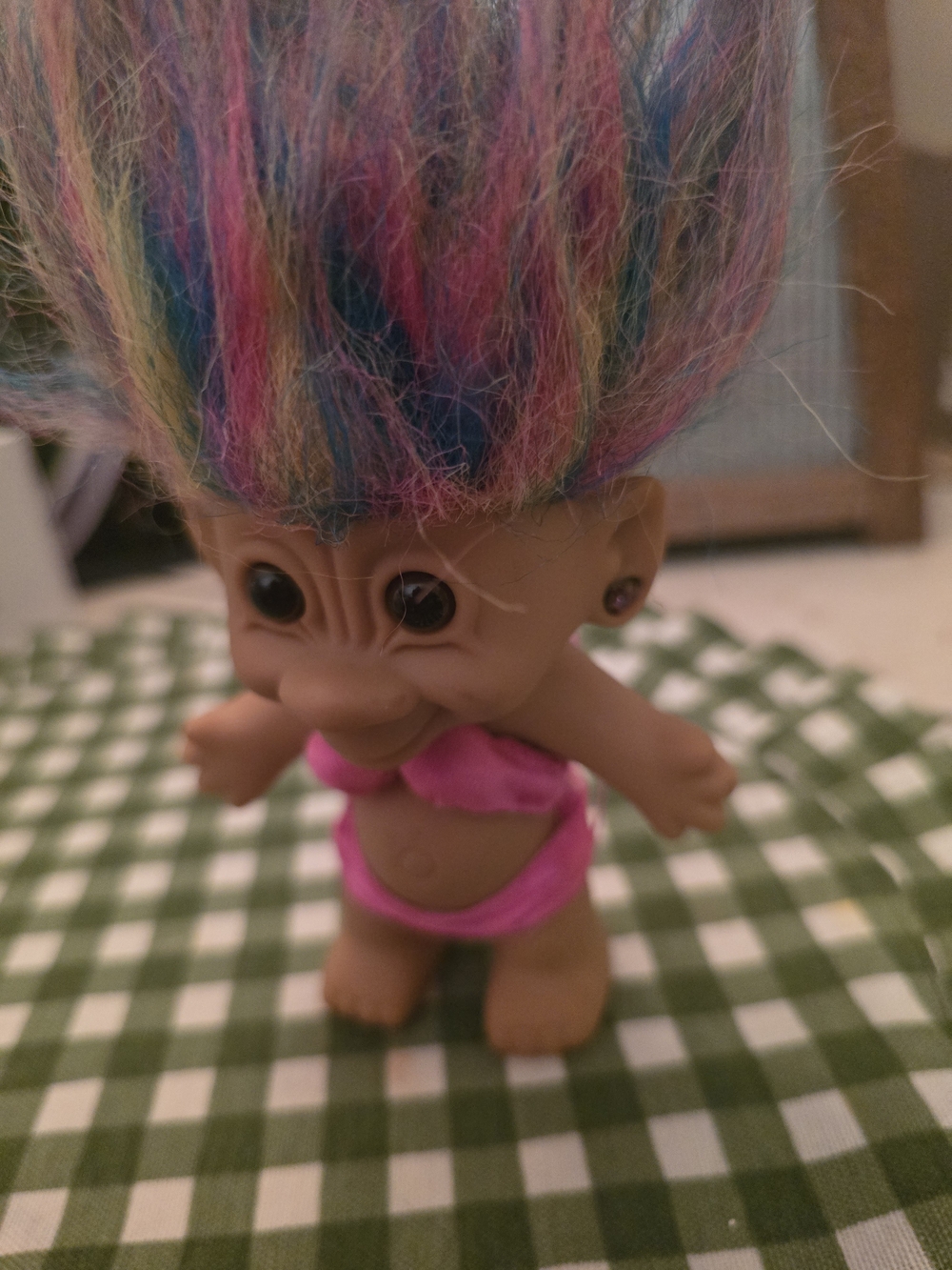 Vintage Girl Troll Doll Rainbow Hair Pink Bikini Heart Earring Bright of America